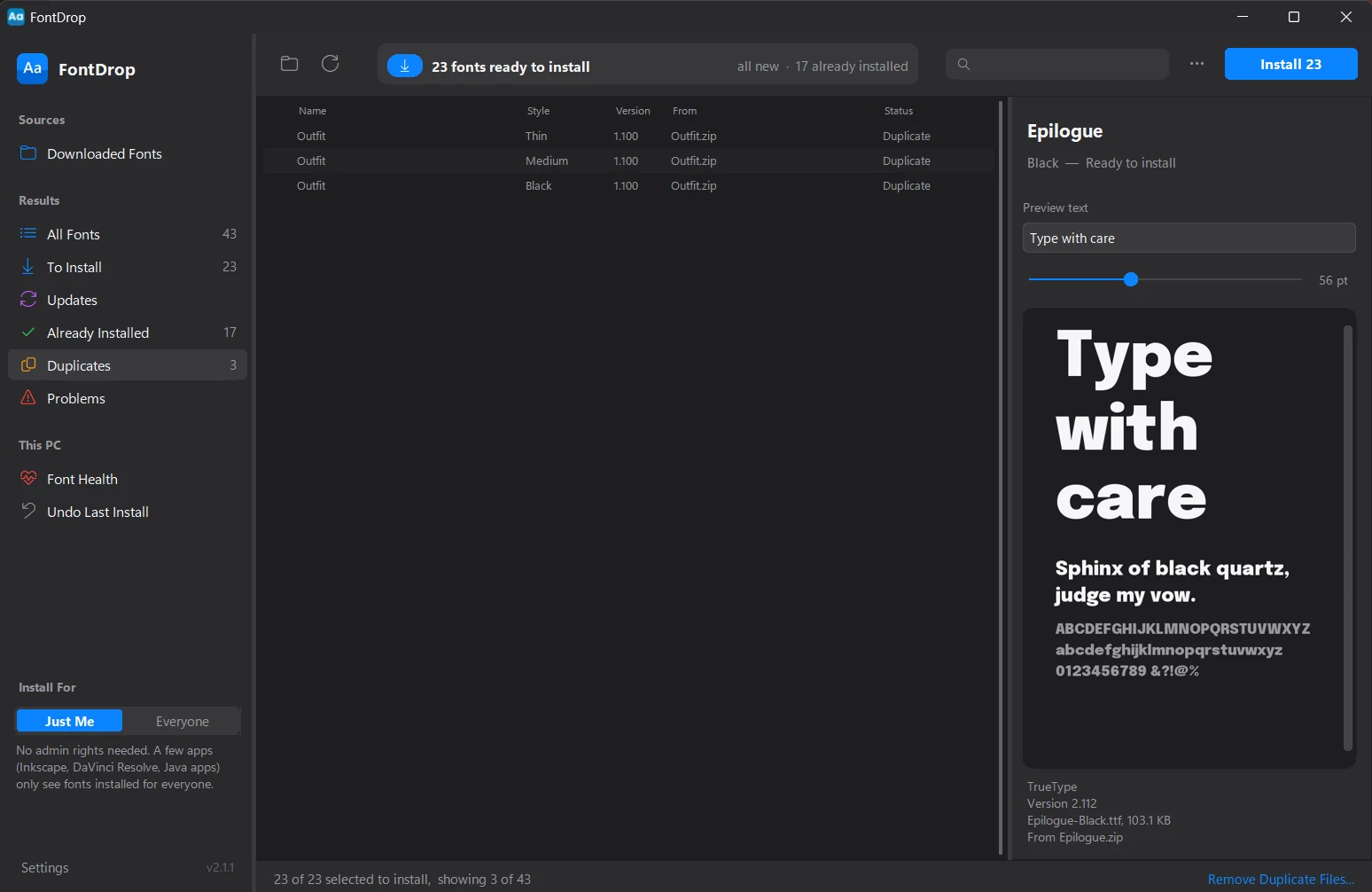 FontDrop's Duplicates view listing three Outfit fonts that appear in more than one zip.