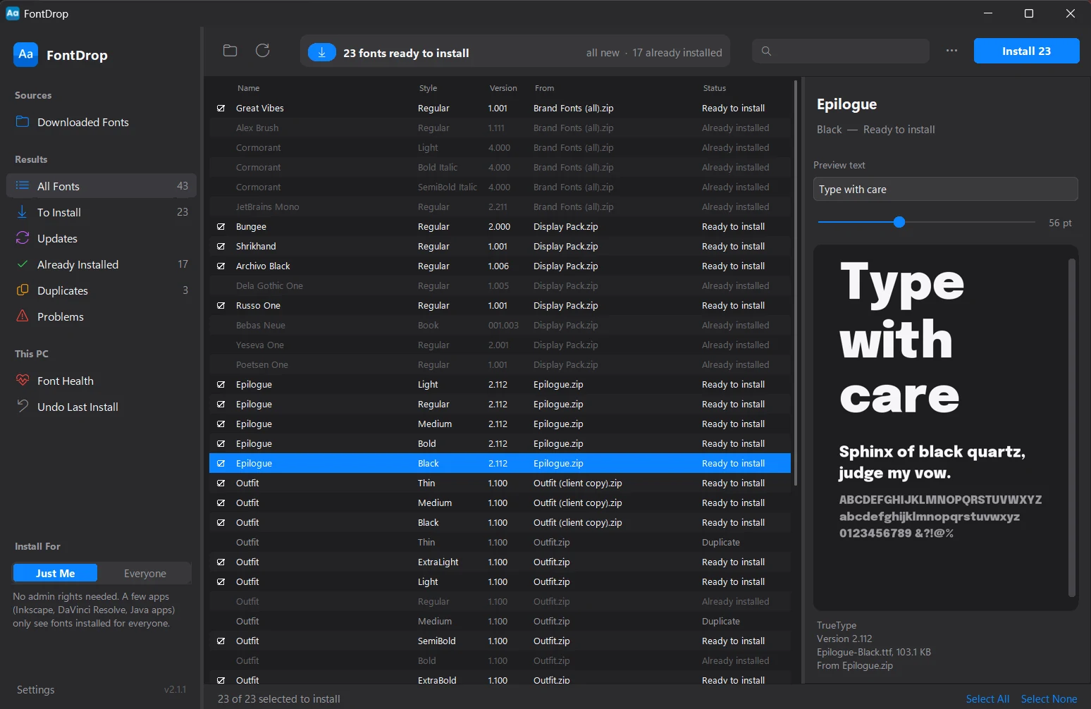 FontDrop after scanning a folder of zips: 43 fonts found, 23 ready to install, 17 already installed, with a live preview of the selected font.