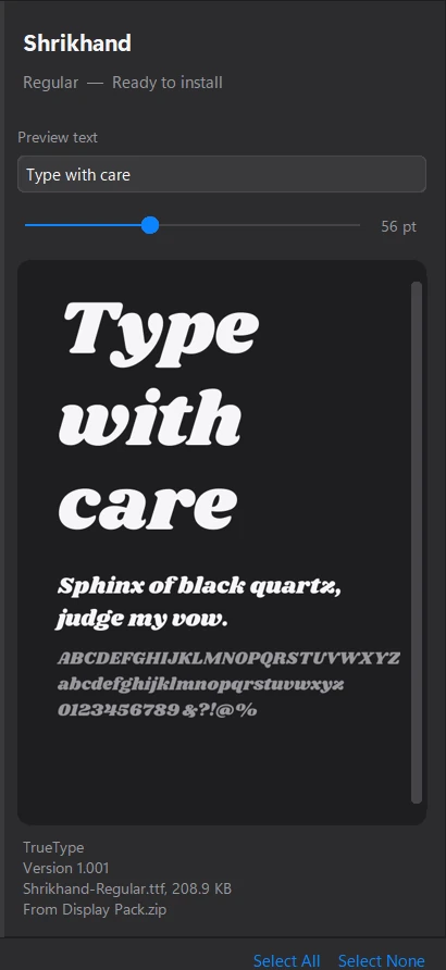 FontDrop's preview panel in dark mode showing Epilogue Black at 56 points.