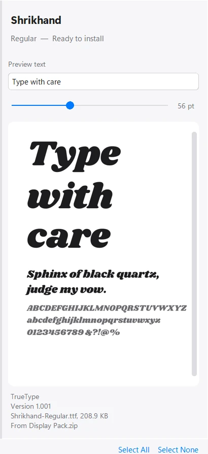 FontDrop's preview panel in light mode showing Shrikhand at 56 points.